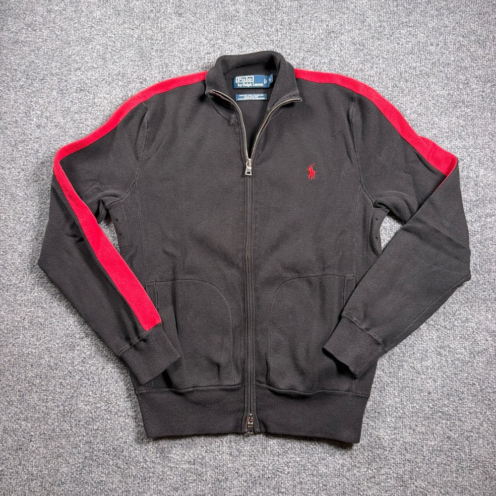 Polo Ralph Lauren Track Jacket Men Small Black Red Stripe Full Zip Mock Neck